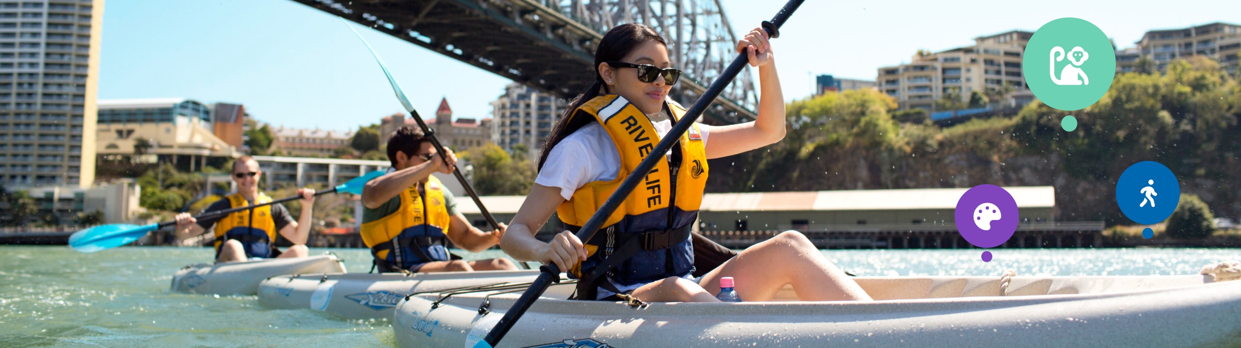 Banner image showing people kayaking on the Brisbane River.